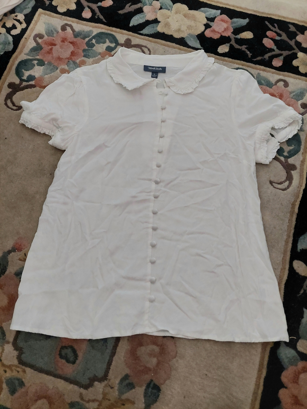 Modcloth White Button-Front Ruffle Collar Blouse